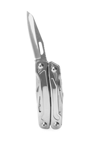 Compact portable stainless multitool isolated on white