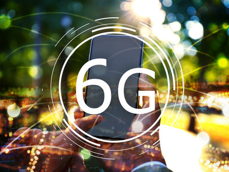 Man using smartphone with 6G network system, closeup. Double exposure