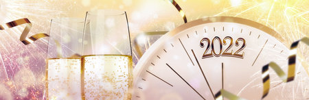Glasses of sparkling wine, clock, shiny streamers and firework on color background, banner design....
