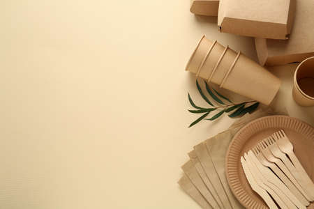 Flat lay composition with eco friendly products on beige background, space for textの写真素材