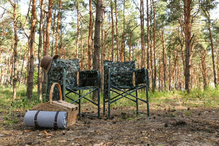 Camouflage chairs with hat and picnic basket in forest on sunny dayの写真素材