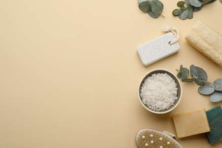 Flat lay composition with pumice stone on beige background. Space for text
