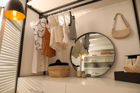 Closet interior with storage rack for clothes and accessoriesの写真素材