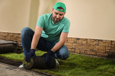 Worker laying grass sod on ground at backyardの写真素材