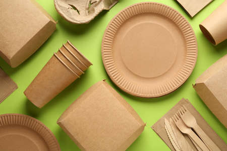 Flat lay composition with eco friendly products on light green backgroundの写真素材