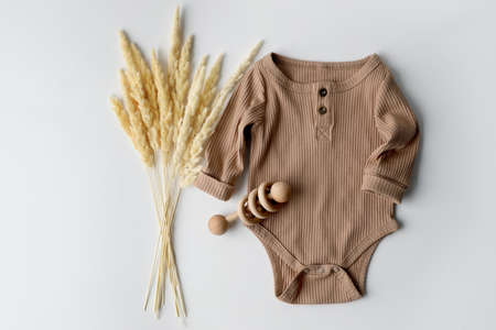 Baby bodysuit, toy and spikelets on white background, top viewの写真素材