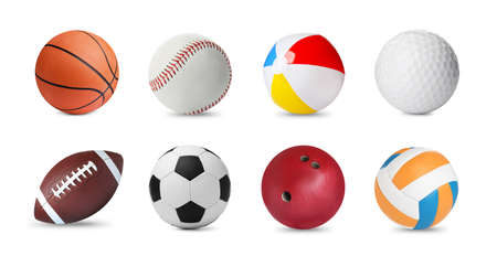 Set with different balls on white background, banner design. Sports equipmentの写真素材