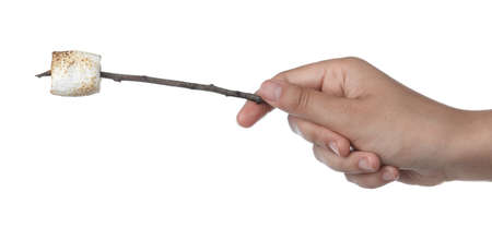 Woman holding twig with roasted marshmallow on white background, closeup