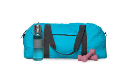 Bag with different sports equipment on white background