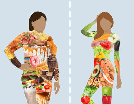 Silhouettes of overweight and slim women filled with unhealthy and healthy food on light background, collage. Illustrationの写真素材