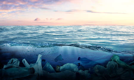 Plastic garbage in ocean. Marine pollution