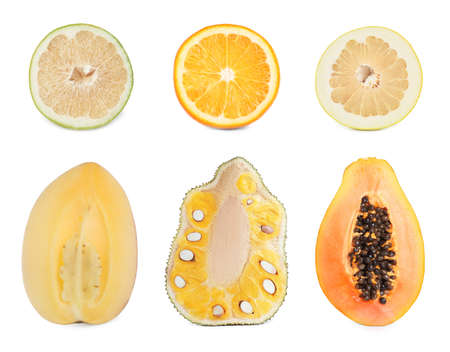 Set with different tasty exotic fruits on white backgroundの写真素材