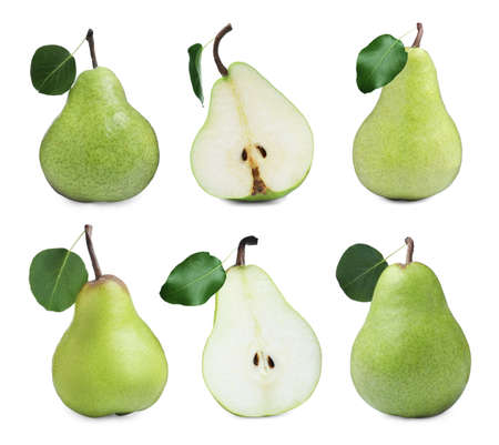 Set with tasty ripe pears on white background