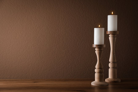 Elegant candlesticks with burning candles on wooden table. Space for textの写真素材