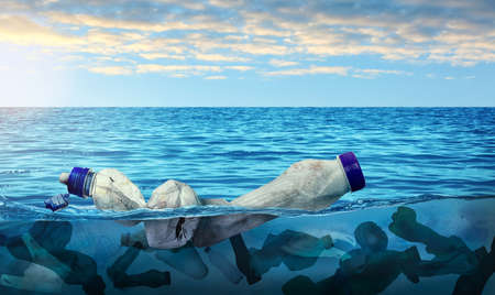 Plastic garbage in ocean. Marine pollution