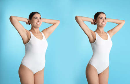 Collage with photos of woman before and after weight loss diet on light blue background