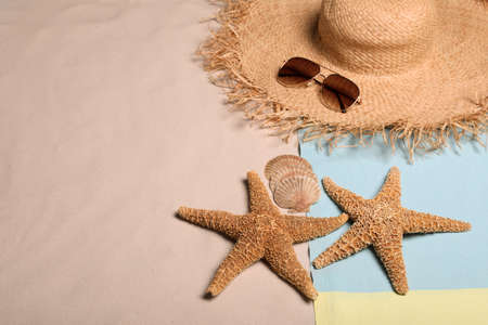 Beach towel, hat, sunglasses, sea shells and starfishes on sand. Space for text