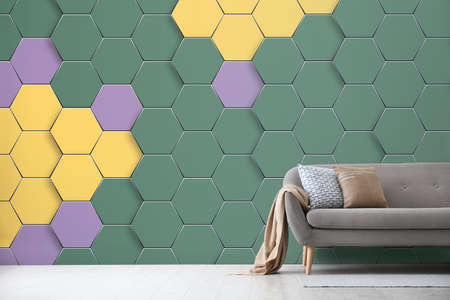 Textured wall with honeycomb pattern in stylish living room