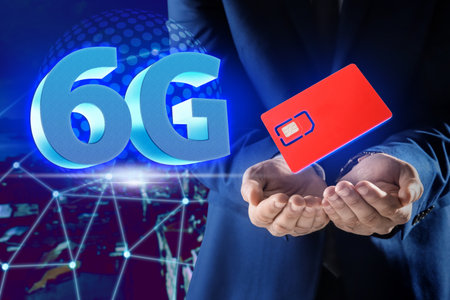Man demonstrating 6G SIM card model and cityscape with connection lines on background, closeupの写真素材