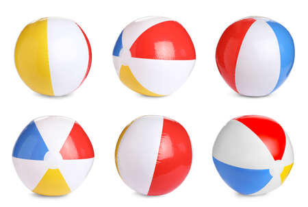 Set with bright inflatable balls on white backgroundの写真素材