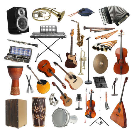 Collection of different musical instruments on white backgroundの写真素材