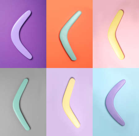 Collage with photos of boomerangs on different color backgrounds, top viewの写真素材