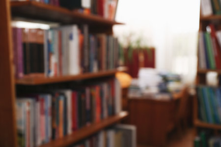 Blurred view of different books on shelves in library