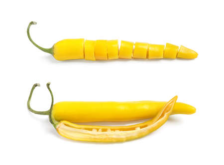 Cut and whole ripe yellow chili peppers on white background, collageの写真素材