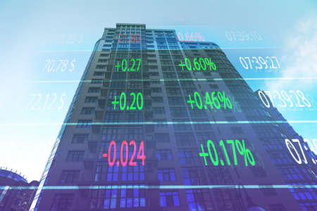 Double exposure of online trading platform and building in city center. Stock exchange