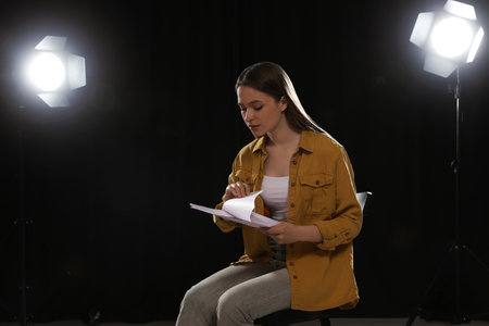 Professional actress reading her script during rehearsal in theater