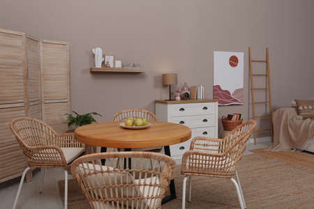 Modern living room with stylish wooden furniture. Interior design