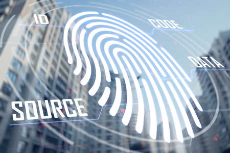 Fingerprint identification. Beautiful view of modern buildings in city