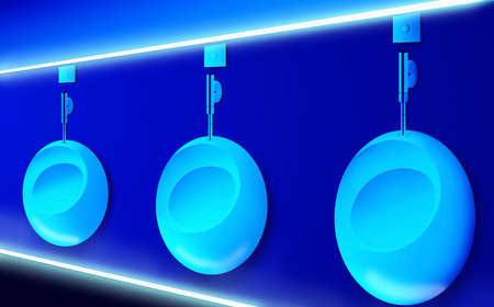 Ceramic urinals in men's public restroom lit with UV blue lightの写真素材
