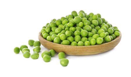 Fresh raw green peas on white backgroundの写真素材