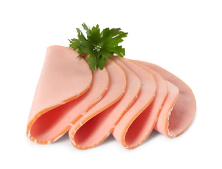 Slices of delicious boiled sausage with parsley on white backgroundの写真素材