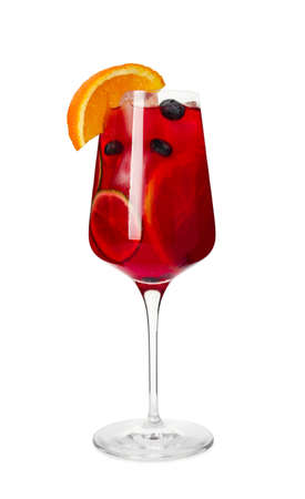 Glass of delicious Red Sangria cocktail isolated on whiteの写真素材