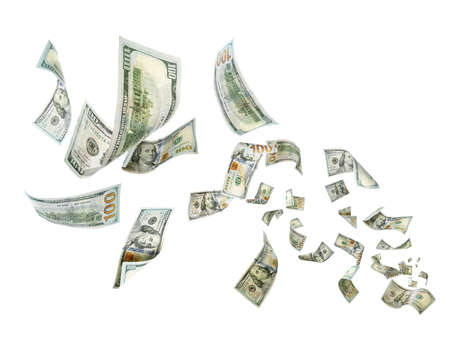 Many American dollars on white background. Flying money
