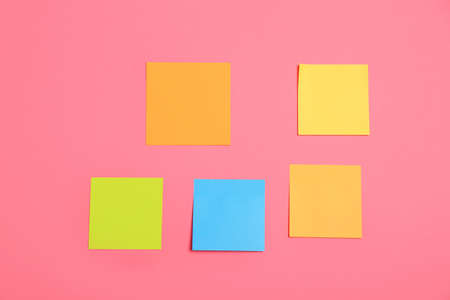 Many colorful stickers on pink background, flat layの写真素材