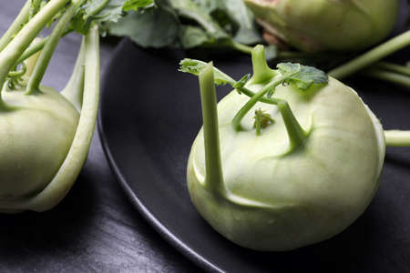 Ripe kohlrabi plants on plate, closeup viewの写真素材