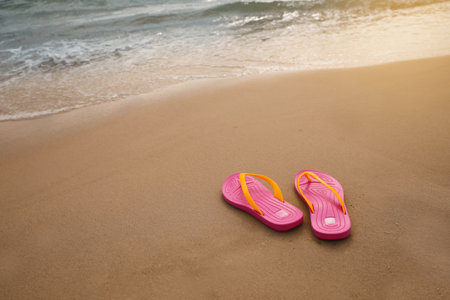 Bright pink beach slippers on sand near sea, space for textの写真素材