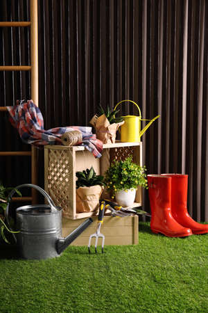 Beautiful plants, gardening tools and accessories on green grass near wood slat wallの写真素材