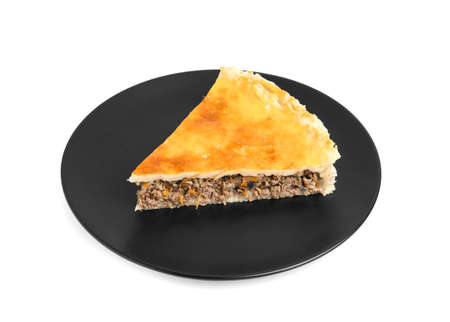 Piece of delicious pie with minced meat isolated on white
