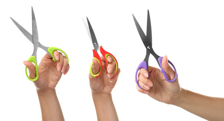 Collage with photos of women holding different scissors on white background, closeupの写真素材