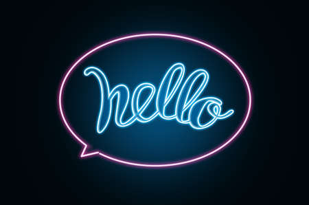 Stylish neon sign with word Hello on dark backgroundの写真素材