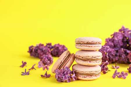 Delicious macarons and lilac flowers on yellow background, space for textの写真素材