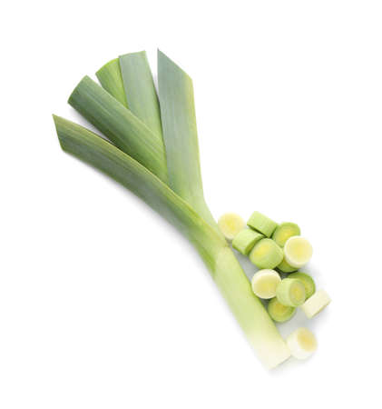 Whole and cut fresh leeks on white background, top viewの写真素材