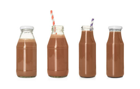 Set with delicious chocolate milk on white backgroundの写真素材