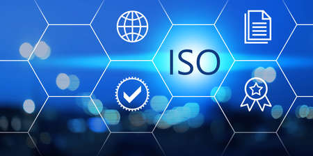 International Organization for Standardization (ISO). Different virtual icons on blurred background, banner designの写真素材
