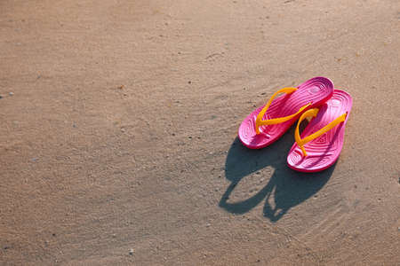 Stylish flip flops on beach. Space for textの写真素材