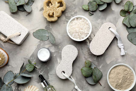 Flat lay composition with pumice stones on gray backgroundの写真素材